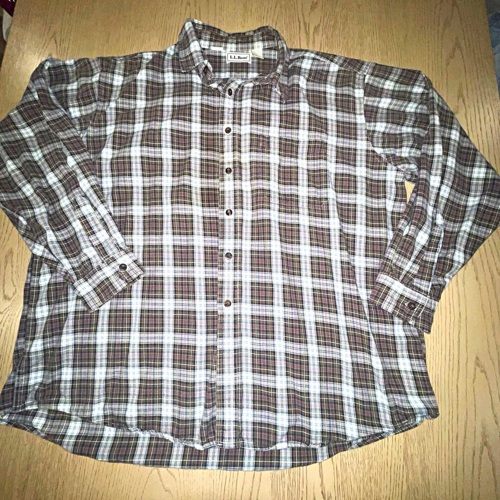 Vtg LL Bean DL10 Flannel Shirt Mens XXL Regular Brown Plaid Made In USA Cotton